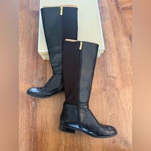 Michael Kors Black Leather Riding Boots with Stretch and Gold Accents Size 9